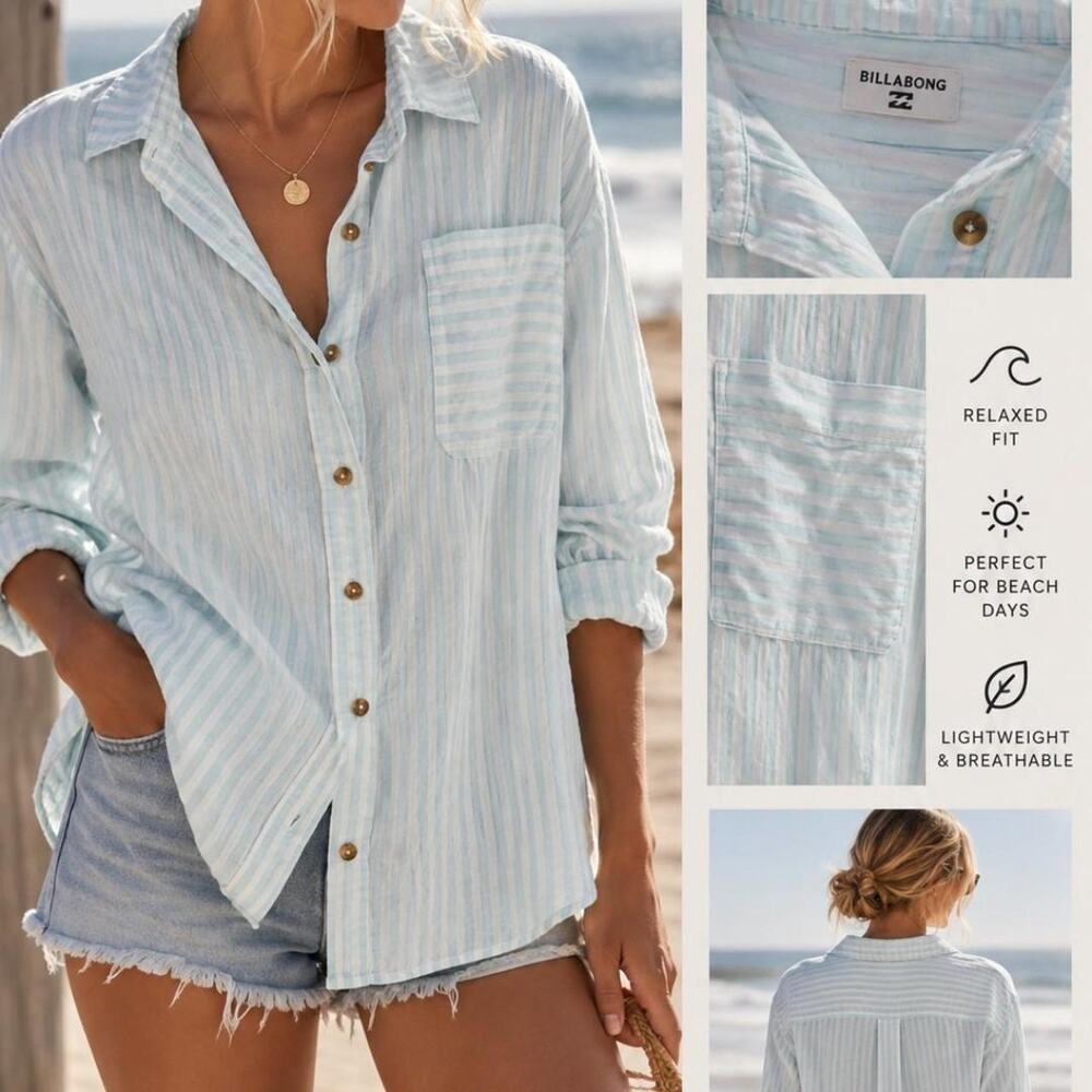 Billabong Light Blue & White Striped Button-Up Shirt – Size S